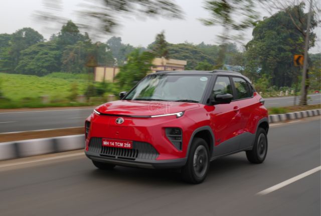 Tata Punch EV driving front three quarters